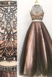 Two pieces A Line Beaded Tulle Long Prom Dress