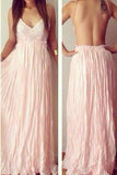 Blush Pink Sexy Backless Chiffon V-Neck Lace Prom Dress