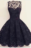 A Line Scalloped-Edge Sleeveless Vintage Black Lace Appliques Homecoming Dress PM869