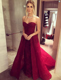 Long Sweetheart A-line Chic Burgundy Prom Dresses with Over skirt Lace Beaded 2017 