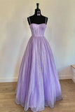 Sparkly Lilac A Line Prom Dress Spaghetti Straps Sequin Evening Dress OK1352