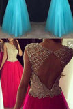Charming Scoop Tulle Cap Sleeve Beads Open Back High Neck Long Prom Dress