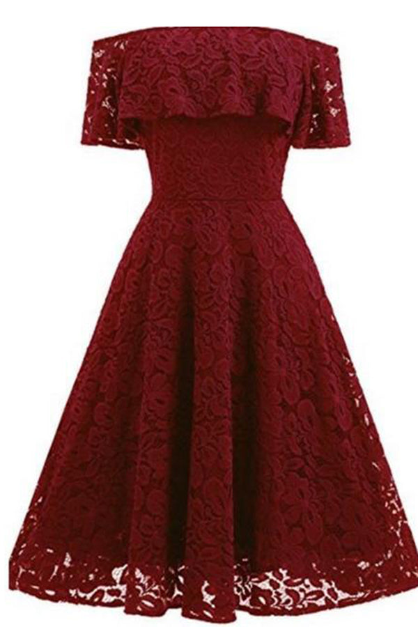 A-line Short Sleeve Red wine Off-the-Shoulder Lace Knee-Length Grace Homecoming Dresses uk PH228