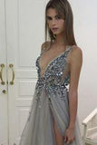 Grey Backless V-Neck Tulle Sleeveless Sparkle Slit Long Evening Gowns