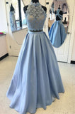 A Line Two Piece Sky Blue Satin Long Prom Dress