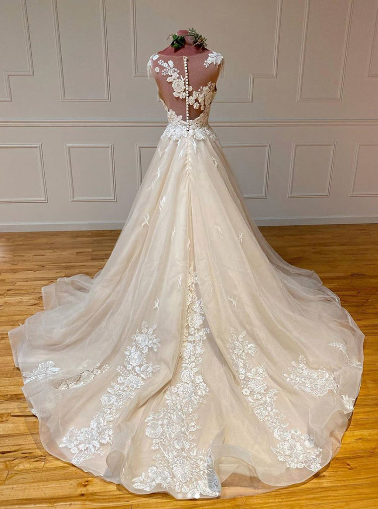 Gorgeous A Line Sleeveless Tulle Lace Long Wedding Dress