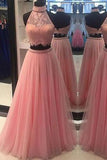 Incredible Two Pieces Pink Tulle A Line Floor Length Prom Dress