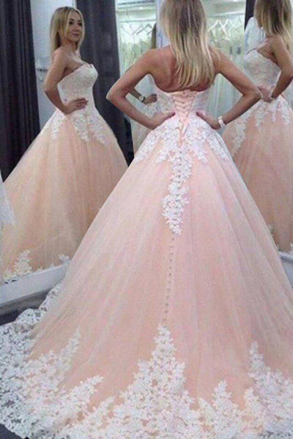 Stunning Sweetheart Floor-Length Appliques Lace up Strapless Ball Gown Tulle Wedding Dress PM614