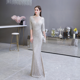 Mermaid High Neck Half Sleeve See-Through Sequins Floor Length Prom Dress WH26454