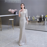 Mermaid High Neck Half Sleeve See-Through Sequins Floor Length Prom Dress WH26454