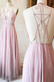 Sexy Pink V-Neck Long Chiffon Tulle Backless Sleeveless Floor-Length Prom Dress
