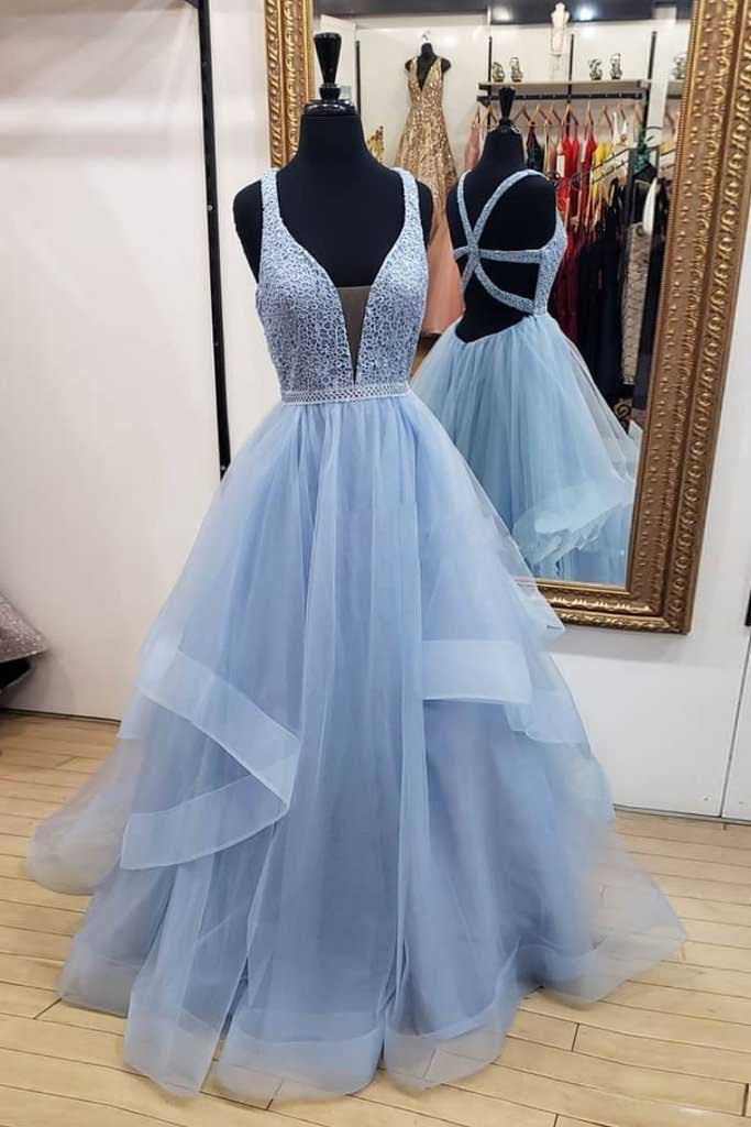 A-Line Blue Deep V Neck Tulle Prom Dresses Long Cheap Open Back Evening Dresses PW627