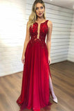 A-Line Sleeveless Split Prom Dresses with Appliques Beading Tulle Evening Dresses PW628