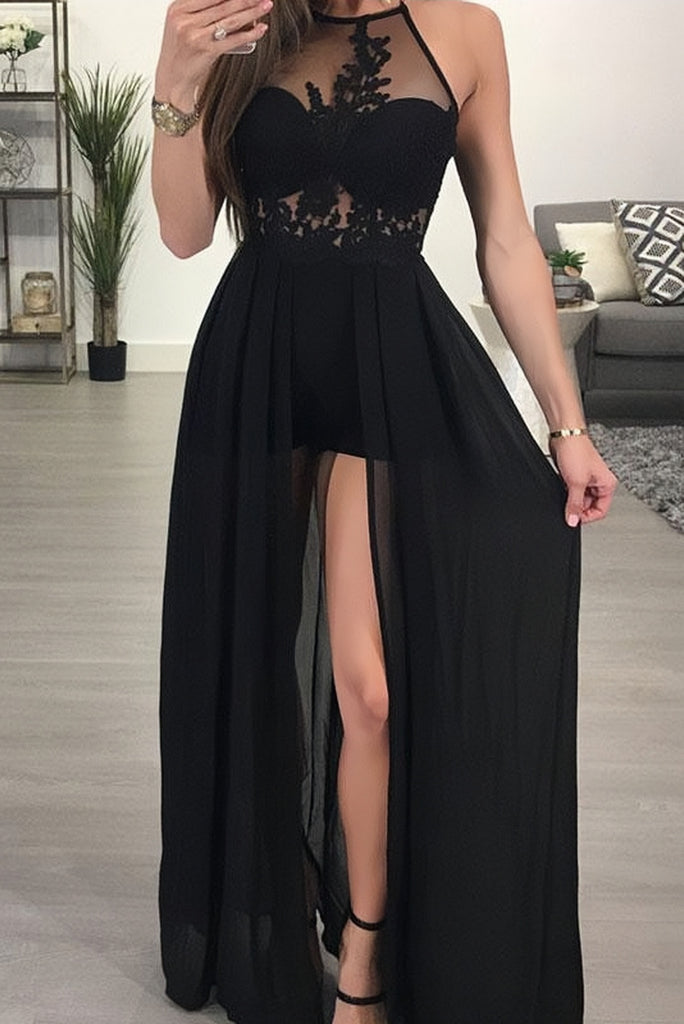 A Line Halter Black Floor Length Appliques Chiffon Sexy Long Prom Dresses