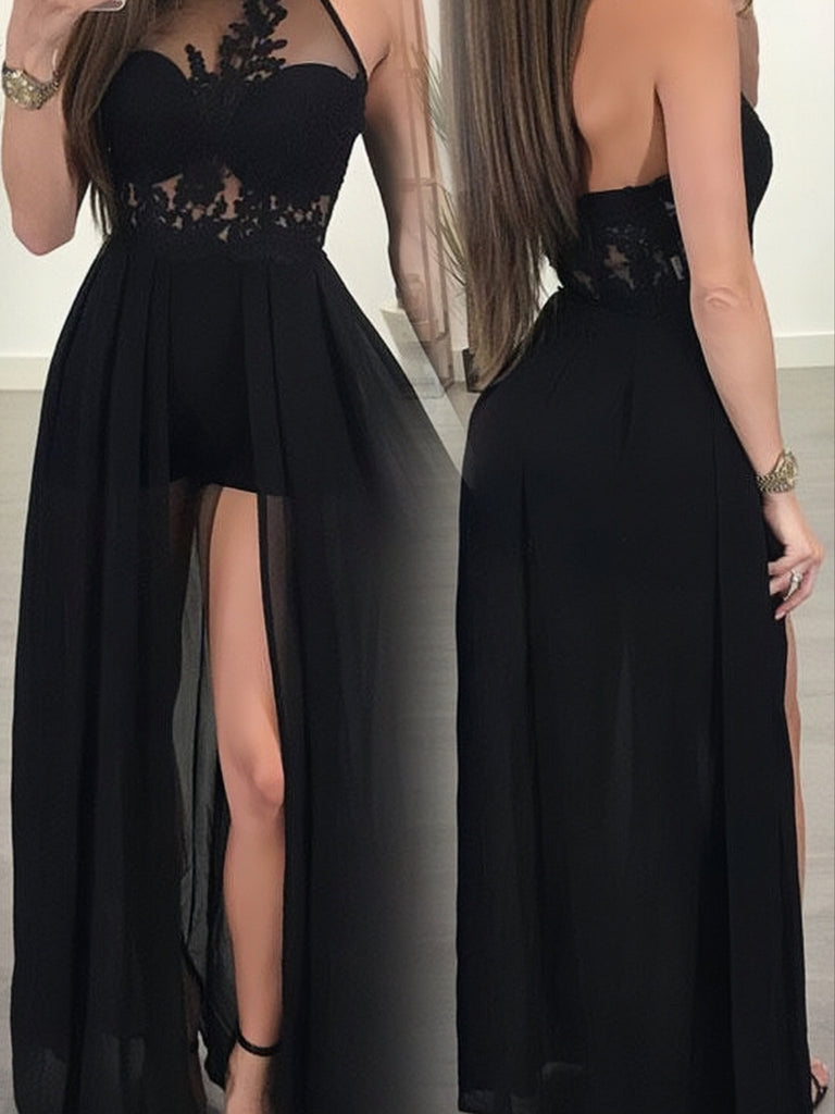 A Line Halter Black Floor Length Appliques Chiffon Sexy Long Prom Dresses
