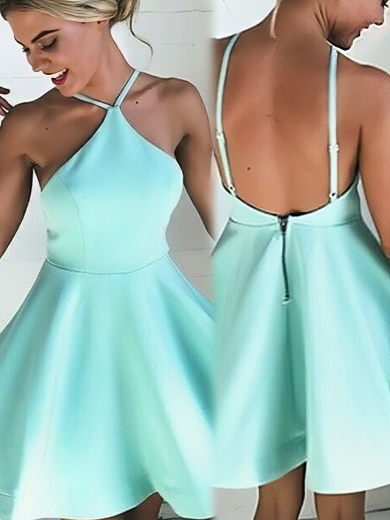 A Line Mint Straps Backless Short Homecoming Dresses