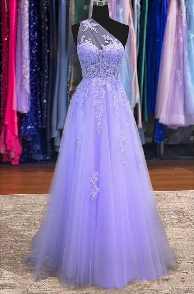 A-line One Shoulder Purple Tulle Prom Dresses N353