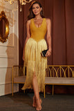 Gold tassel sleeveless v-back Short Homecoming Dress