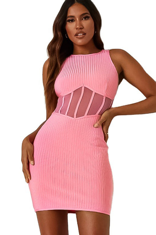 Pink Round Neck Sleeveless Perspective Short Homecoming Dresses