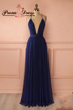 A Line Deep V-Neck Straps Tulle Long Prom Dress P1161