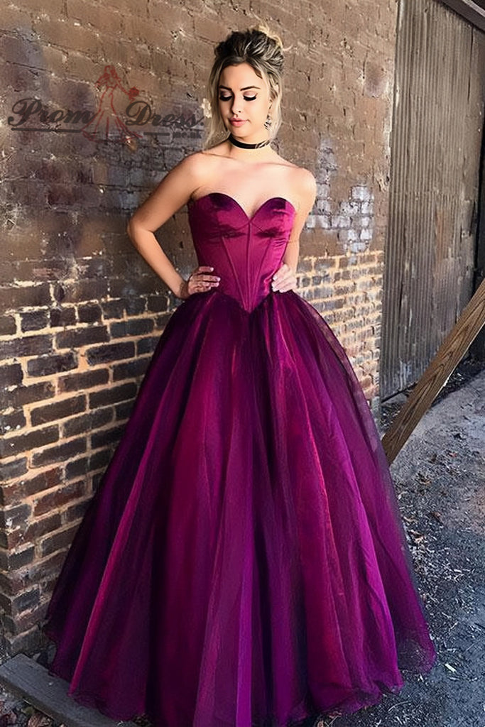 A Line Sweetheart Strapless Purple Tulle Long Prom Dress PM728