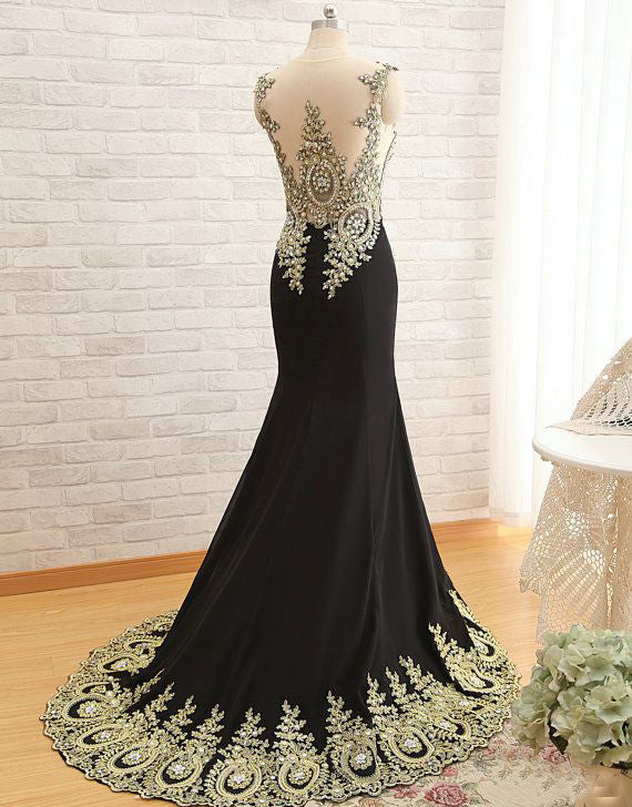 Mermaid Gold Lace Black Yarn Crystal Long Evening Dress