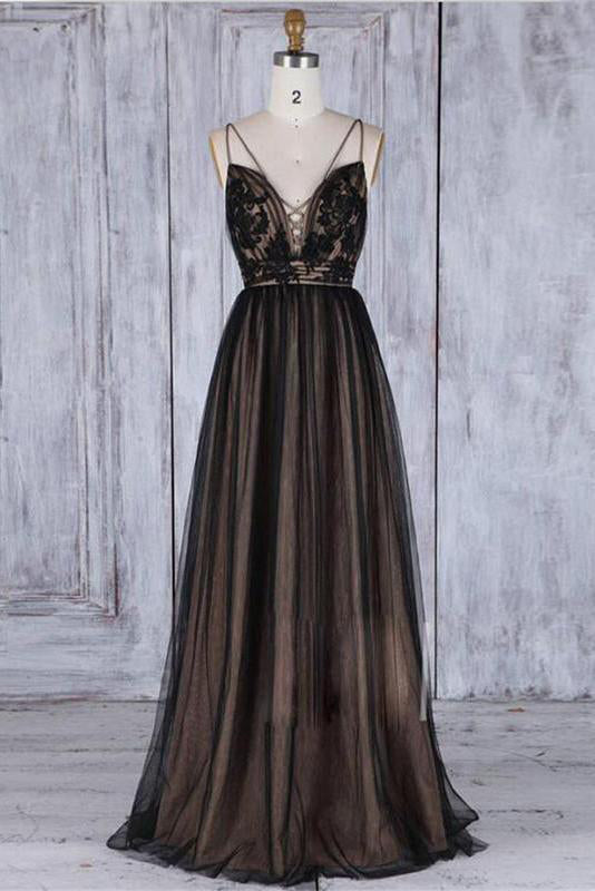 A Line Black Tulle V Neck Backless Lace Appliques Prom Dresses, Simple Evening Dresses PW874