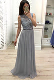 A Line Chiffon Long Prom Dresses, Cheap Sleeveless Lace Appliques Bridesmaid Dresses PW904