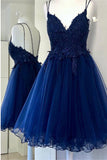 A Line Dual-Strapped Royal Blue V Neck Short Prom Dress with Beads Appliques PW858