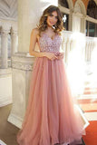 A Line Dusty Rose Long Tulle Prom Dresses, Sequins Shiny Bodice V Neck Formal Dress PW425