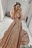 A Line Gold V Neck Sequin Long Prom Dress, Long Cheap Evening Dresses PW849