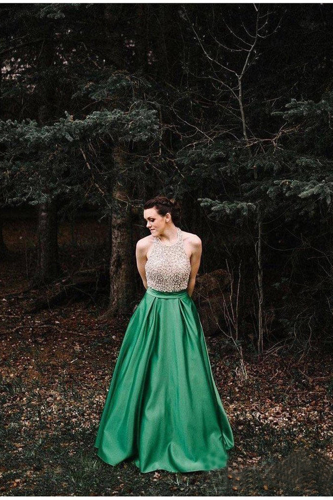 A Line Halter Emerald Green Beaded Prom Dresses Backless Satin Long Prom Dresses PW825