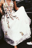 A Line Lace Floral Printed V Neck Appliques White Prom Dresses PW575