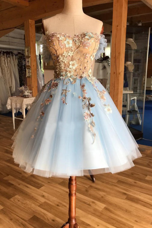 A Line Light Blue Off the Shoulder Above Knee Homecoming Prom Dress with Appliques PW939
