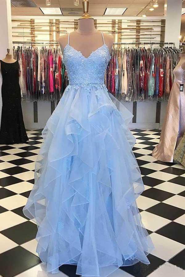 A Line Light Blue Spaghetti Straps Prom Dresses Sweetheart Long Evening Dresses PW606