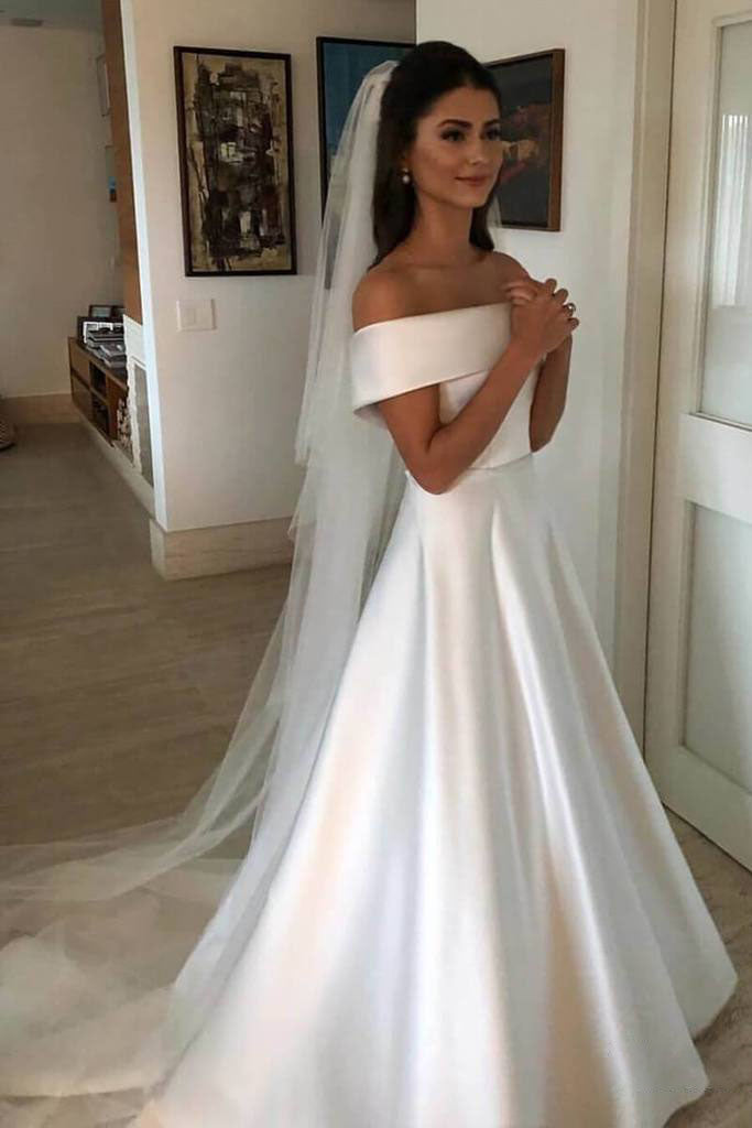A Line Satin Off the Shoulder Ivory Wedding Dresses Short Sleeves Wedding Gowns PW493