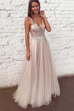A Line See Through V Neck Long Prom Dresses, Beaded Tulle Floor Length Formal Dress PW429
