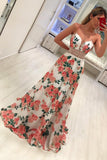 A Line Spaghetti Straps Floral Print  V Neck Prom Dresses, Simple Party Dresses P1015