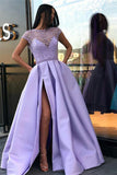A Line Stunning Satin Beads Cap Sleeves Prom Dress with High Slit Pockets PW891