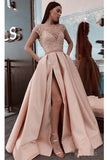 A Line Stunning Satin Beads Cap Sleeves Prom Dress with High Slit Pockets PW891