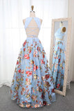 A Line Two Piece Crew Open Back Prom Dresses Light Blue Printed Evening Dresses PW846