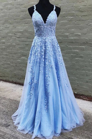 A Line V Neck Long Blue Lace Appliques Prom Dresses, Formal Bridesmaid Dresses P1156