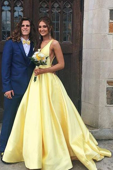A Line Yellow V Neck Prom Dresses Satin Backless Long Evening Dresses PW626