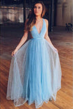 A line Blue Tulle Straps Prom Dresses Floor Length Long Cheap Evening Dresses PW680