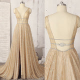 A Line Deep V Neck Sleeveless Sequins Floor Length Prom Dress, Long Evening Dress PW374