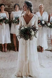 A line Long Sleeve Deep V Neck Lace Backless Wedding Dresses Long Bridal Dresses PW558