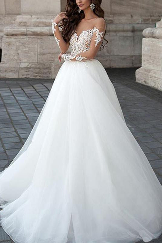 A line Long Sleeve Tulle White Lace Appliques Wedding Dresses Long Wedding Gowns PW561