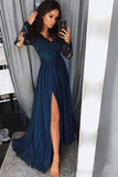 A line Navy Blue Long Sleeve Sweetheart Prom Dresses Slit Long Evening Dresses PW525