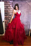 A line Red Ruffles Spaghetti Straps V Neck Prom Dresses Backless Long Evening Dresses PW636