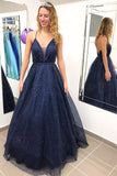 A line Spaghetti Straps V Neck Prom Dresses Sparkly Navy Blue Long Evening Dresses PW621